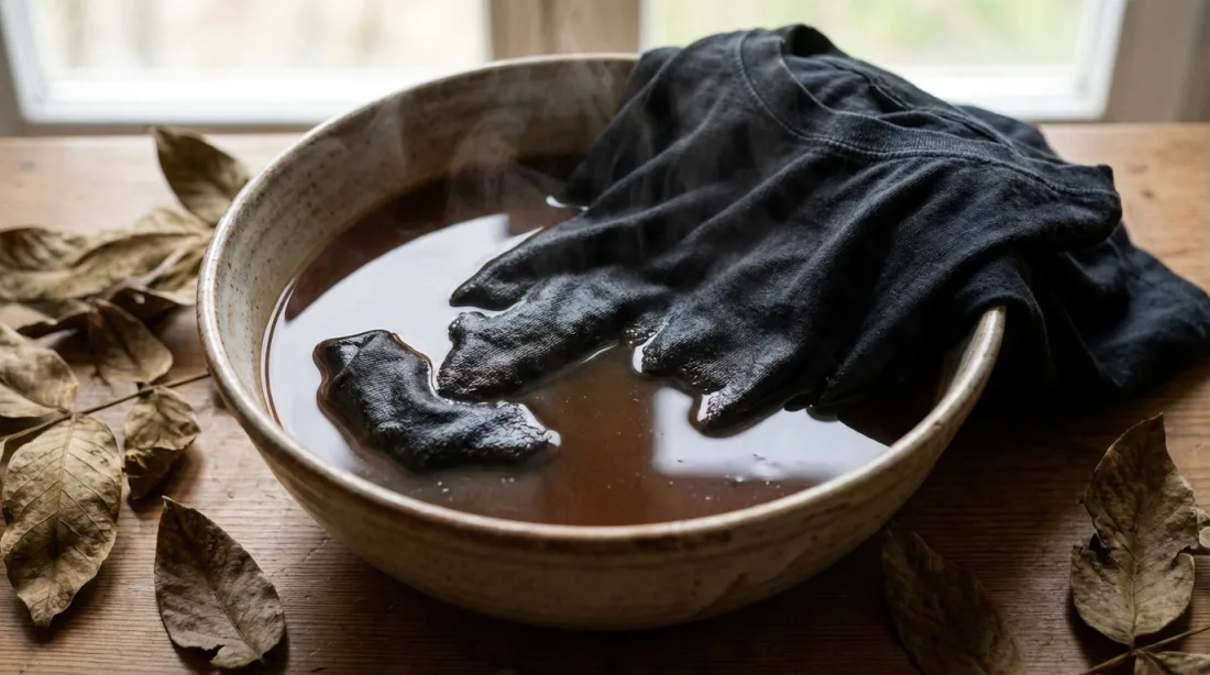 Wyblakłe czarne ubrania moczone w misce z ziołami