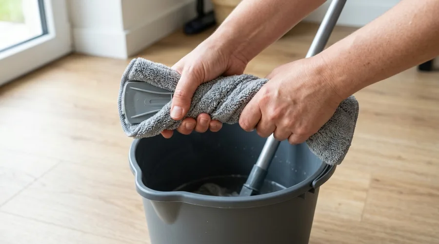 Mocne wyciskanie mopa z mikrofibry nad plastikowym wiadrem