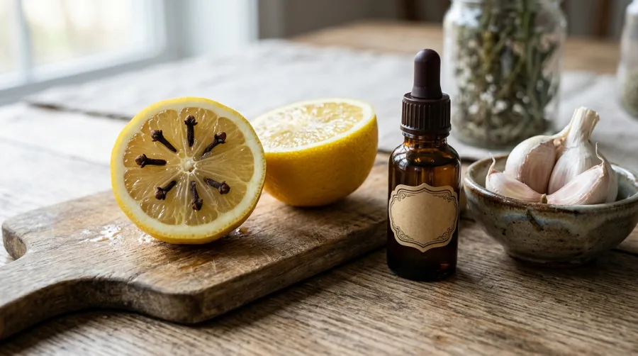 Przekrojona cytryna z goździkami i olejek eteryczny