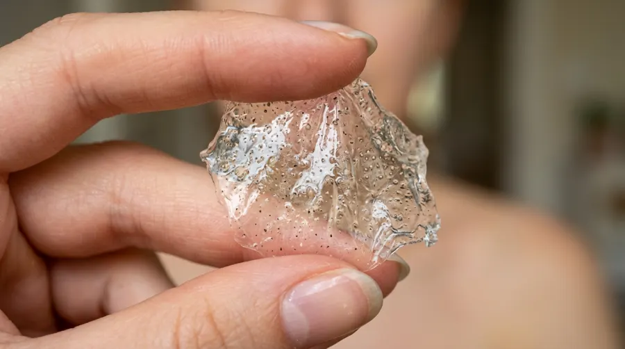 Zerwany płat maseczki żelatynowej z widocznymi zanieczyszczeniami
