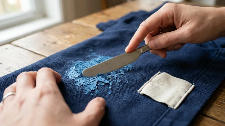 Zeskrobywanie zaschniętej farby plakatowej tępym nożem przed praniem