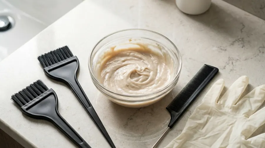 Szklana miseczka i pędzle fryzjerskie do nakładania rozjaśniacza