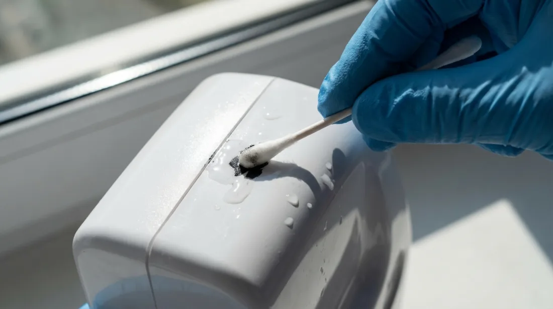 Dłoń ścierająca marker permanentny z białego plastiku wacikiem