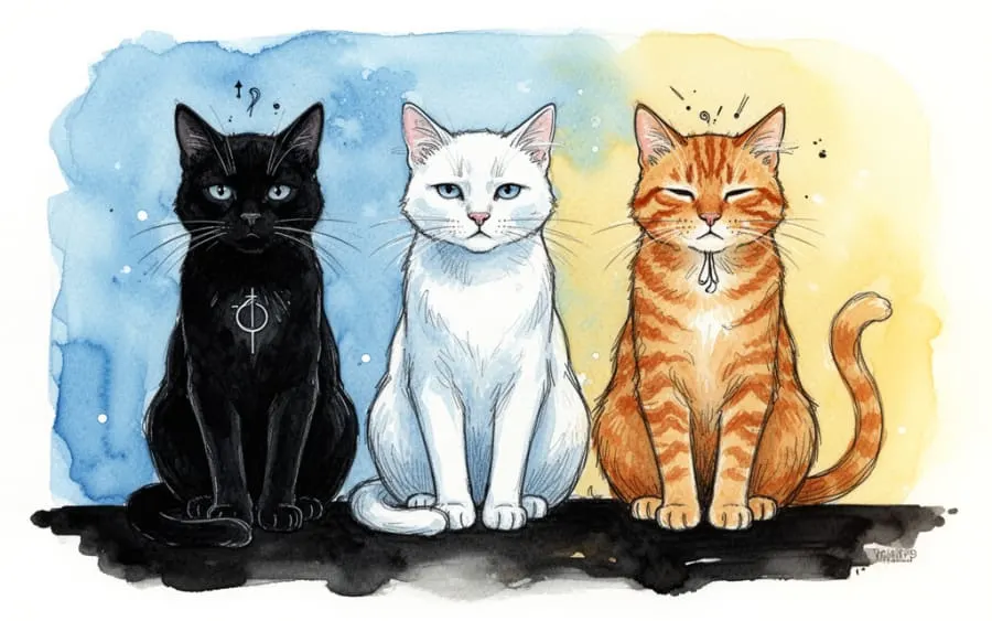 trzy koty czarny biały i rudy symbolika kolorów