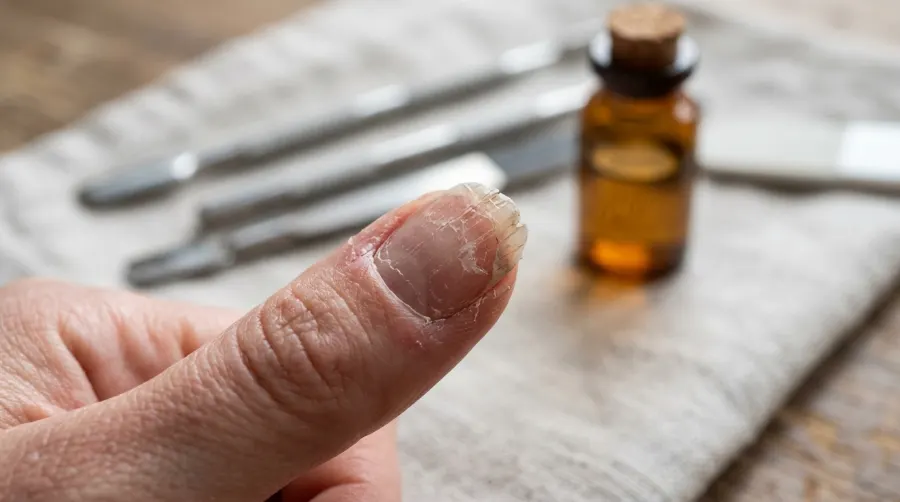 Zniszczona i osłabiona płytka paznokcia po hybrydzie