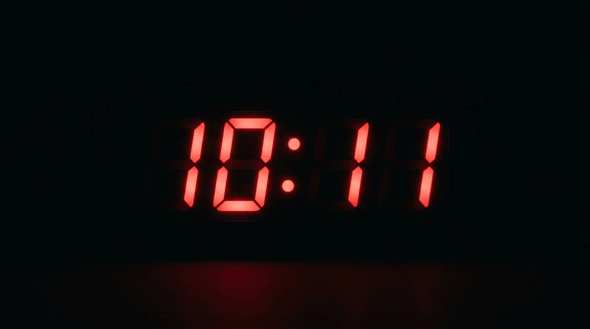 Wyświetlacz cyfrowego zegara pokazujący godzinę 10:11 na ciemnym tle
