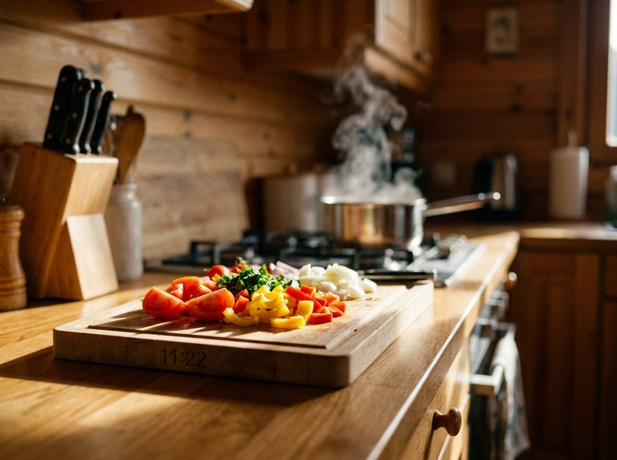 Kuchenny blat w pełnym słońcu południa z warzywami przygotowanymi do obiadu, pora dnia zbliżona do 11:22