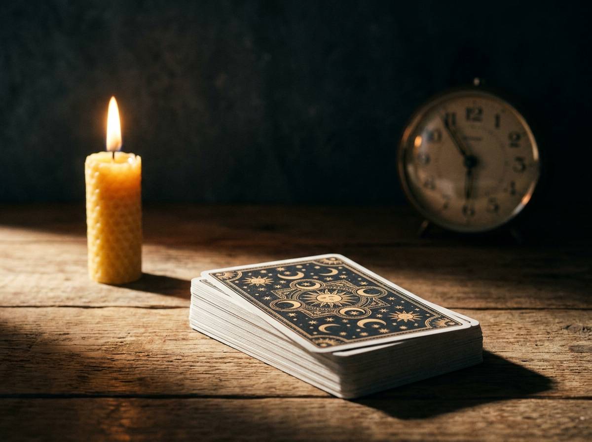 Talia kart tarota na drewnianym stole w blasku świecy, symboliczne odniesienie do godziny 11:22