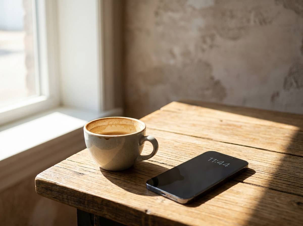 Filiżanka kawy i telefon odłożony na biurku w świetle zbliżającego się południa, pora dnia bliska 11:44
