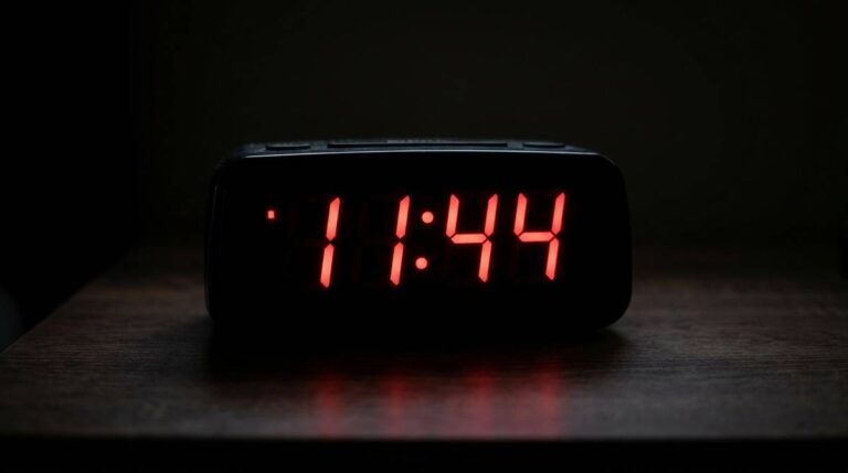 Wyświetlacz cyfrowego budzika pokazujący godzinę 11:44 na ciemnym tle