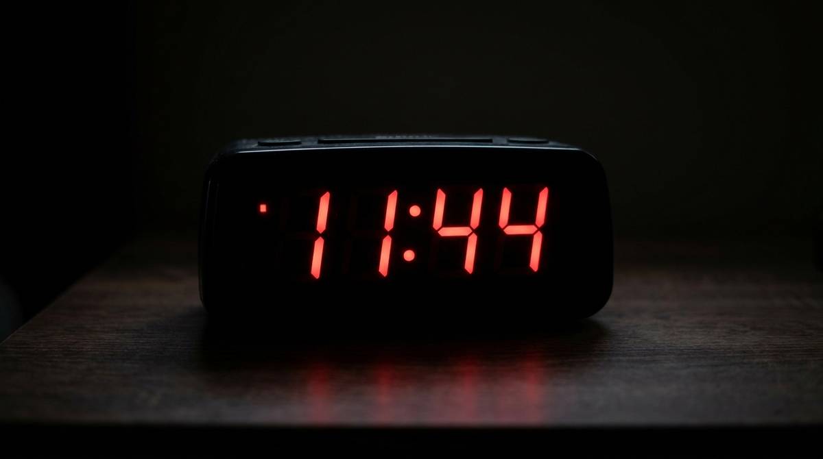 Wyświetlacz cyfrowego budzika pokazujący godzinę 11:44 na ciemnym tle