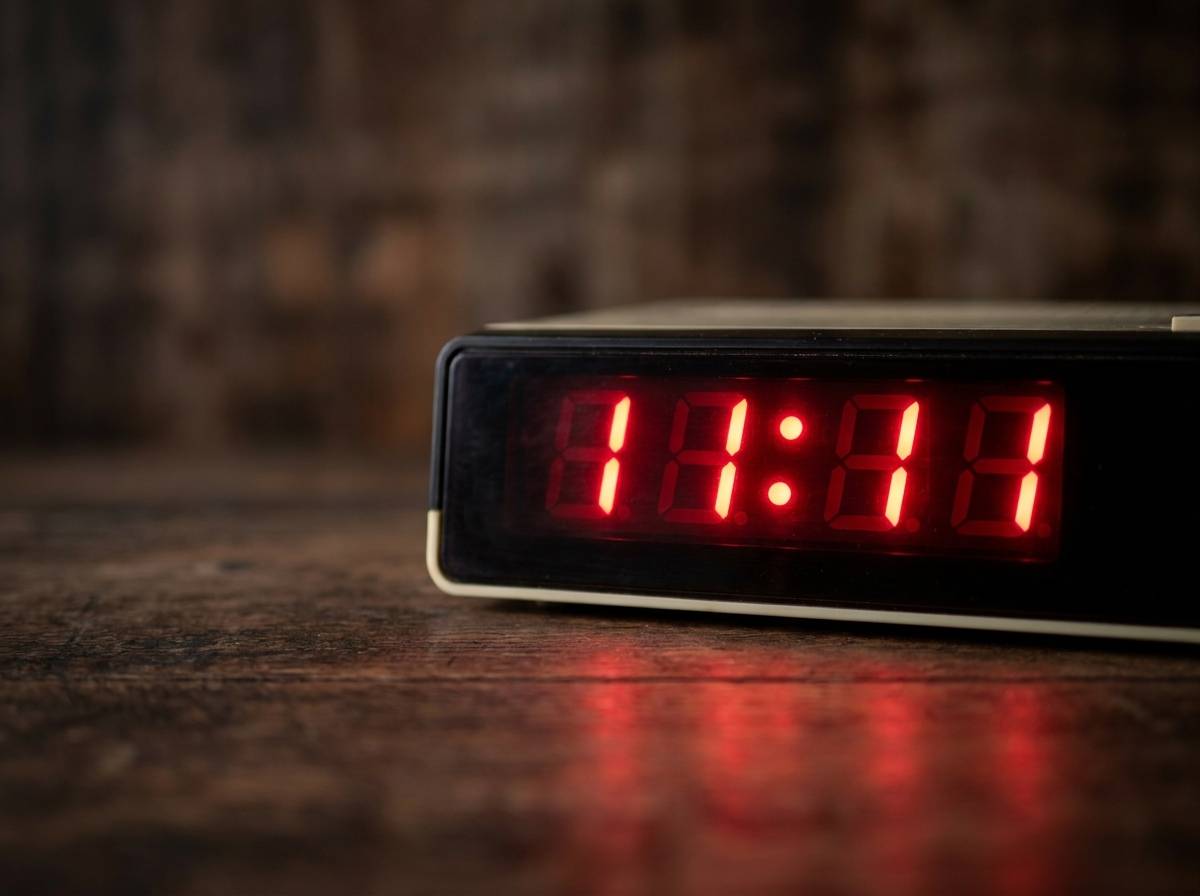Wyświetlacz cyfrowego zegara pokazujący ciąg cyfr 1111 nocą