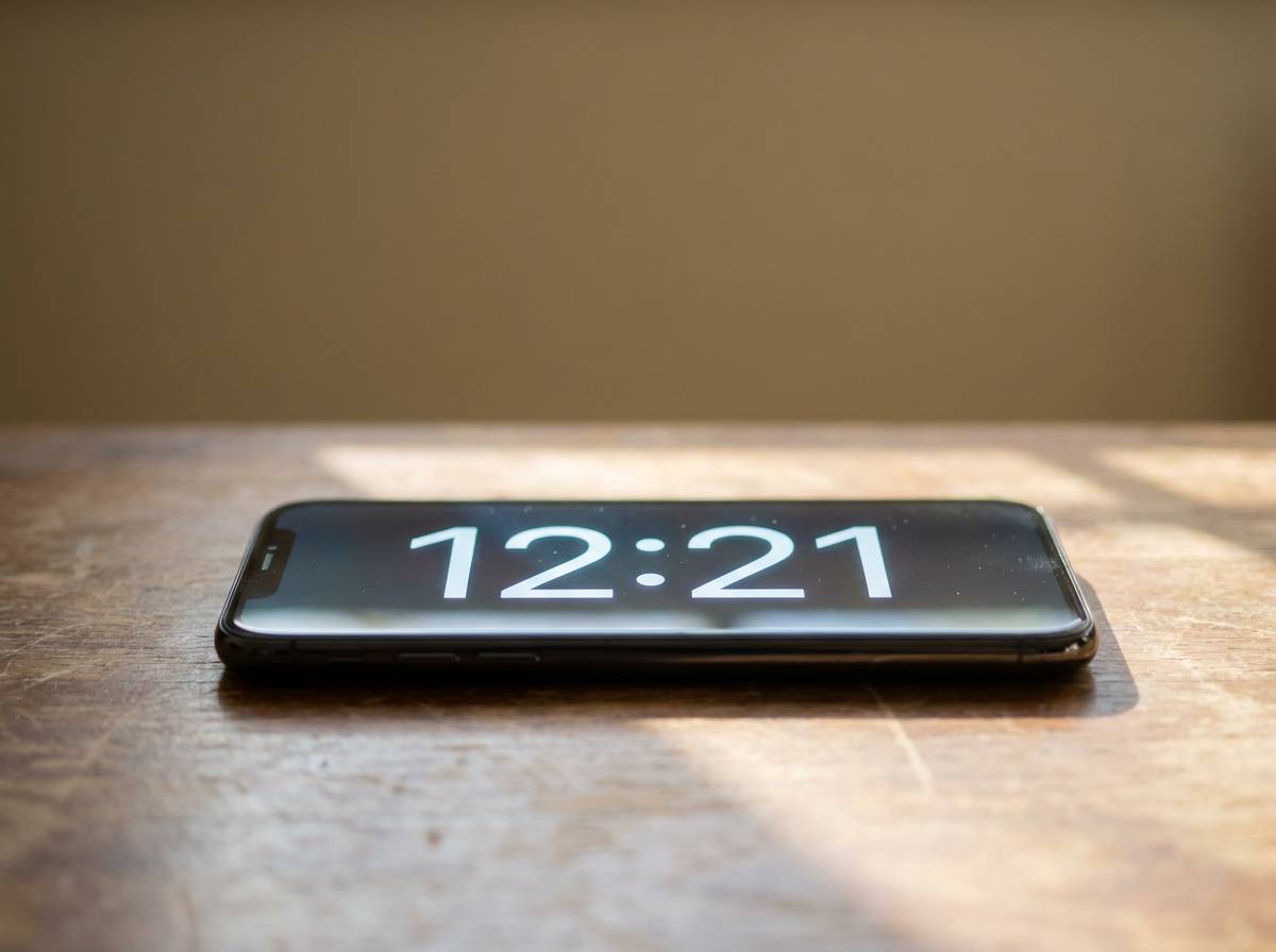 Ekran telefonu wyświetlający dokładny zapis 12:21 w świetle wczesnego popołudnia podczas przerwy obiadowej