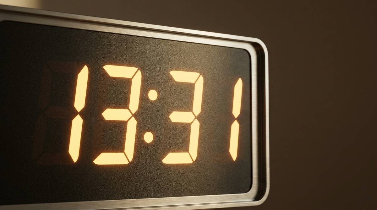 Wyświetlacz zegara cyfrowego pokazujący godzinę 13:31 na ciemnym, jednolitym tle