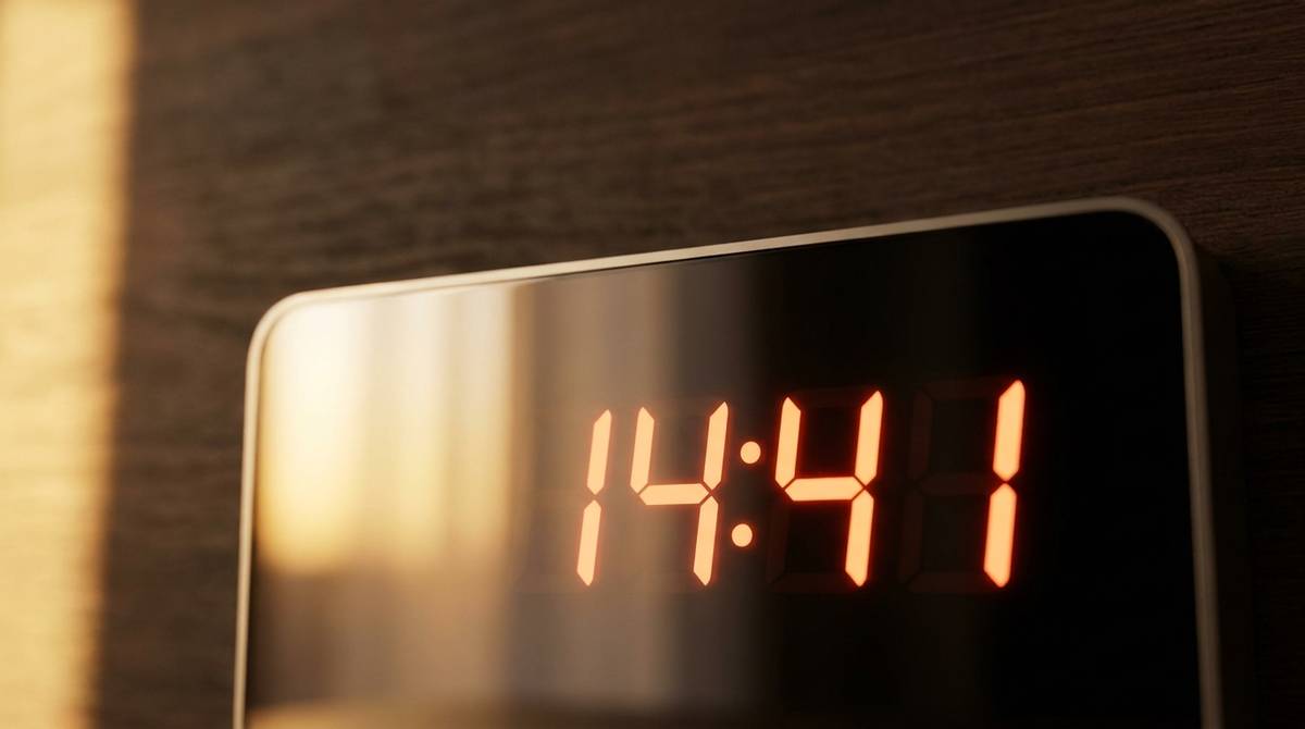 Wyświetlacz zegara cyfrowego z godziną 14:41 w ciepłym popołudniowym świetle, na jednolitym ciemnym tle