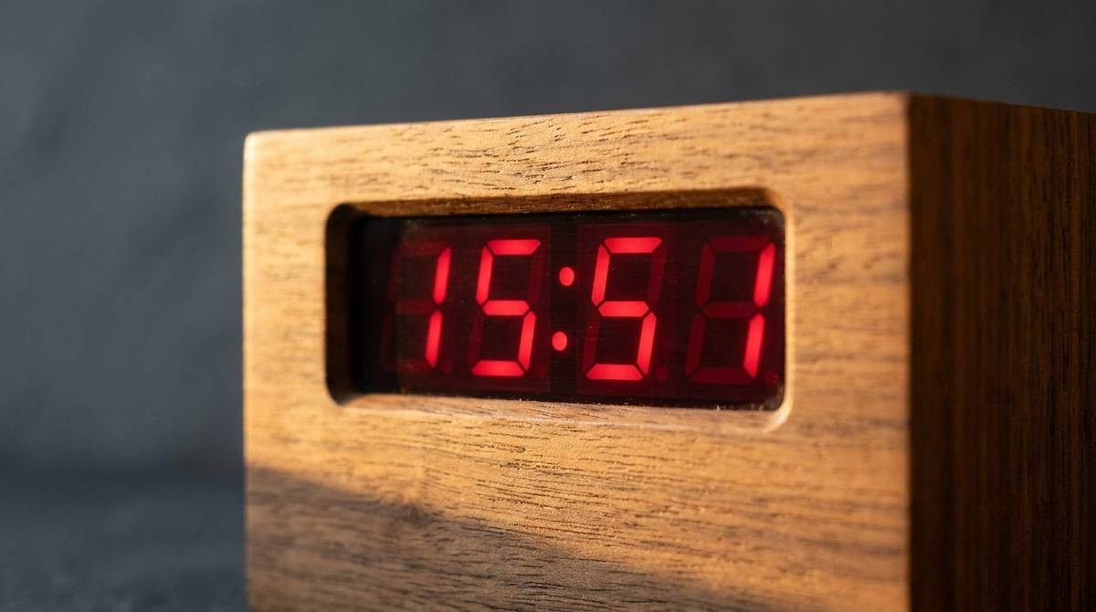 Wyświetlacz cyfrowego zegara pokazujący godzinę 15:51 w ciepłym popołudniowym świetle, na jednolitym ciemnym tle