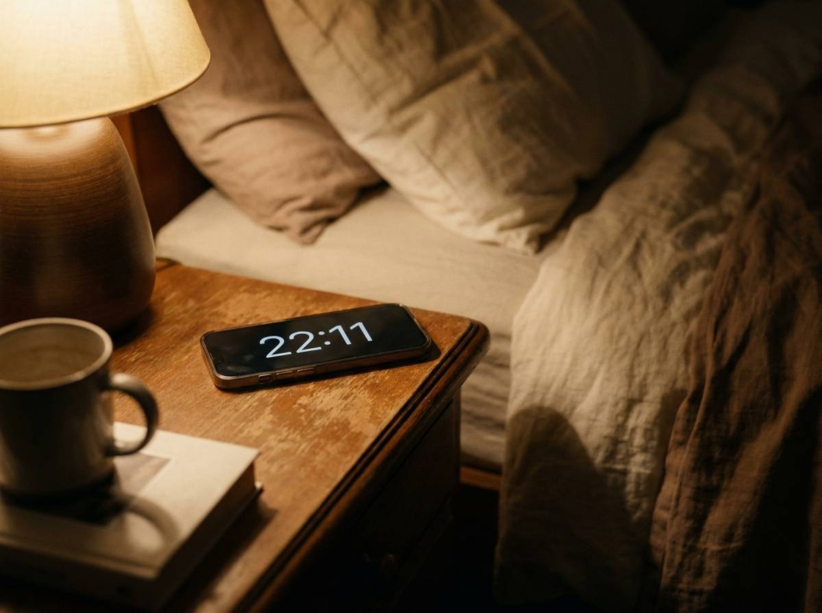 Telefon odłożony ekranem w dół na nocnym stoliku w przygaszonym świetle wieczoru, pora godziny 22:11