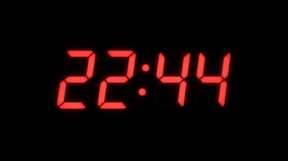 Czerwone cyfry 22:44 świecące na wyświetlaczu budzika w ciemnym pomieszczeniu