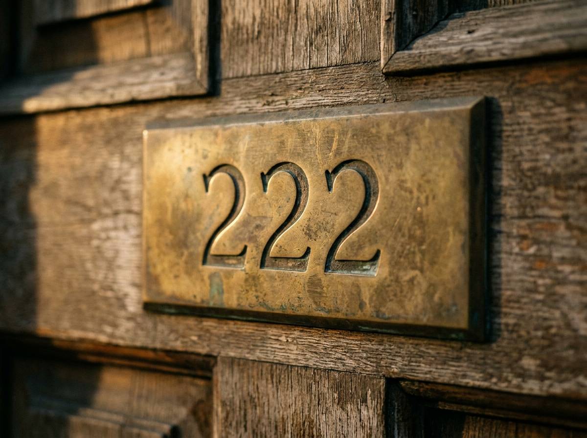 Mosiężna tabliczka z numerem 222 przymocowana do drewnianych drzwi w miękkim świetle popołudnia
