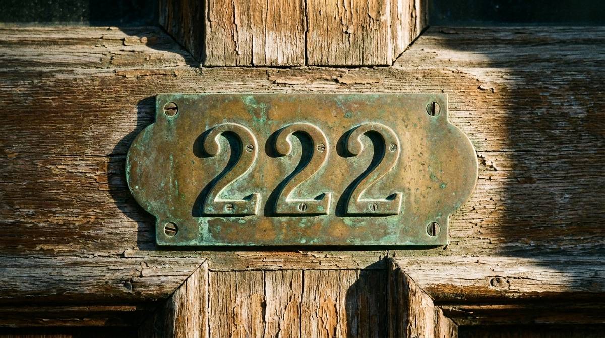Mosiężna tabliczka z numerem 222 na drewnianych drzwiach domu, w miękkim świetle popołudnia