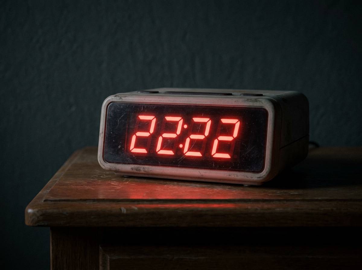 Podświetlony wyświetlacz cyfrowego budzika pokazujący ciąg cyfr 2222 w ciemnym pokoju