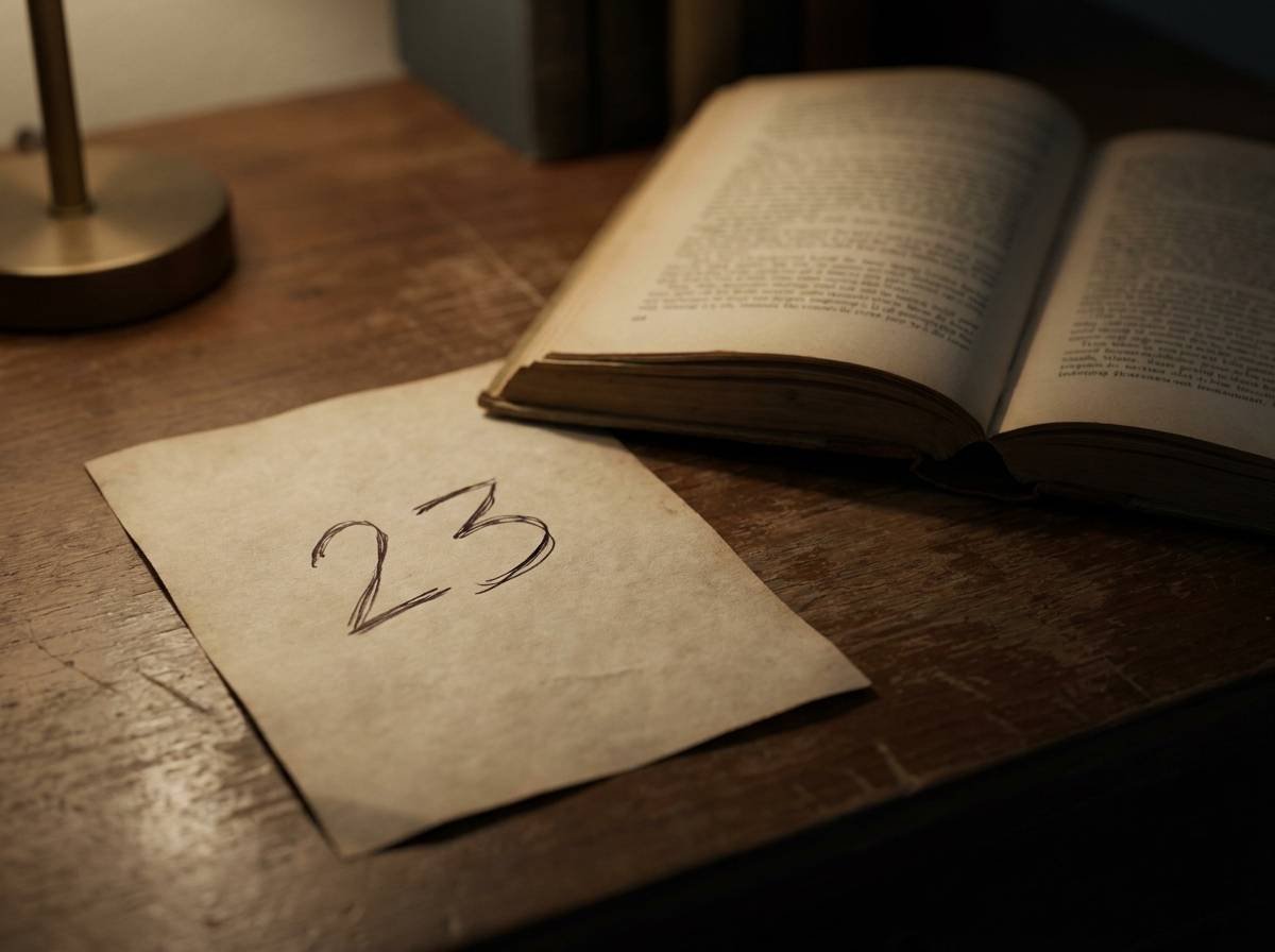 Odręcznie zapisana liczba 23 obok otwartej książki na biurku, nawiązująca do filmowej obsesji na jej punkcie.