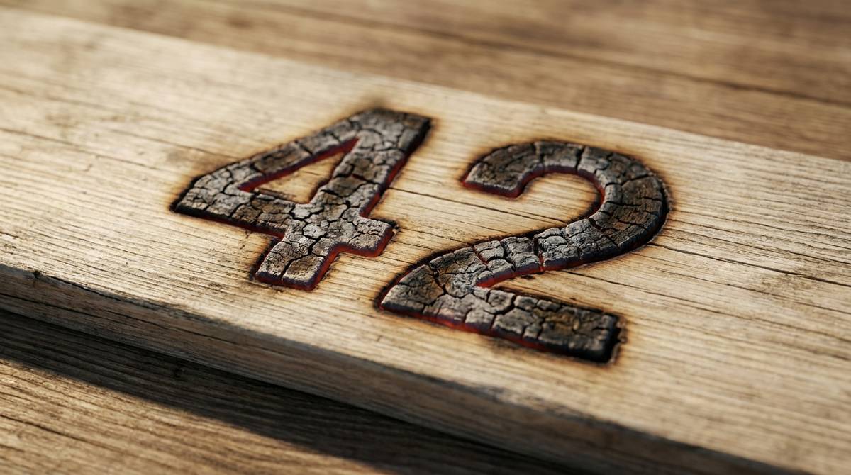 Cyfry 42 wypalone w desce z jasnego drewna, ujęcie z bliska na wypaloną sekwencję