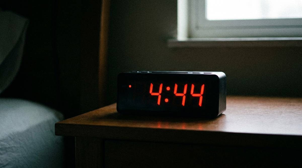 Cyfrowy budzik wyświetlający godzinę 4:44, moment przypadkowego zauważenia liczby 444 w codzienności