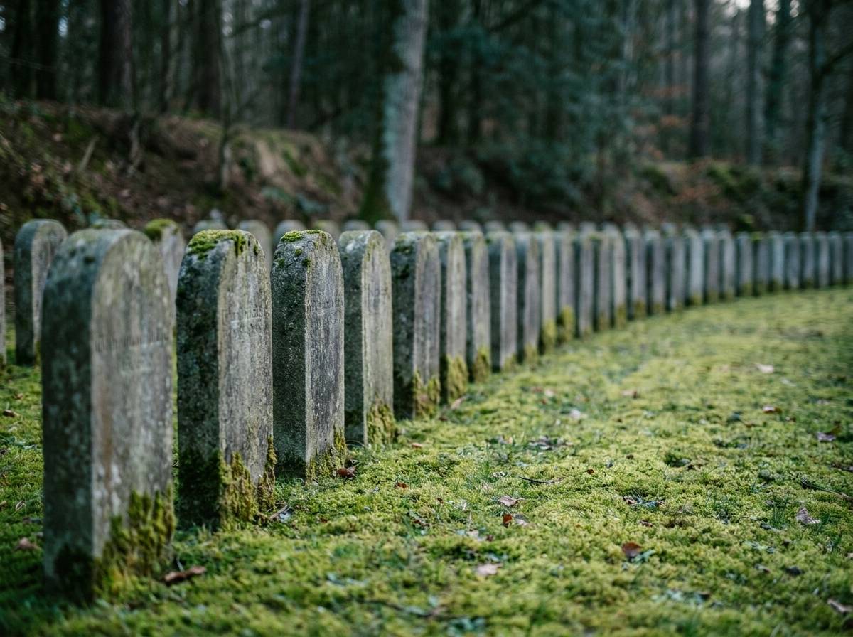 Rząd kamiennych nagrobków w cichym ogrodzie, symbol zbiorowej pamięci związanej z liczbą 47
