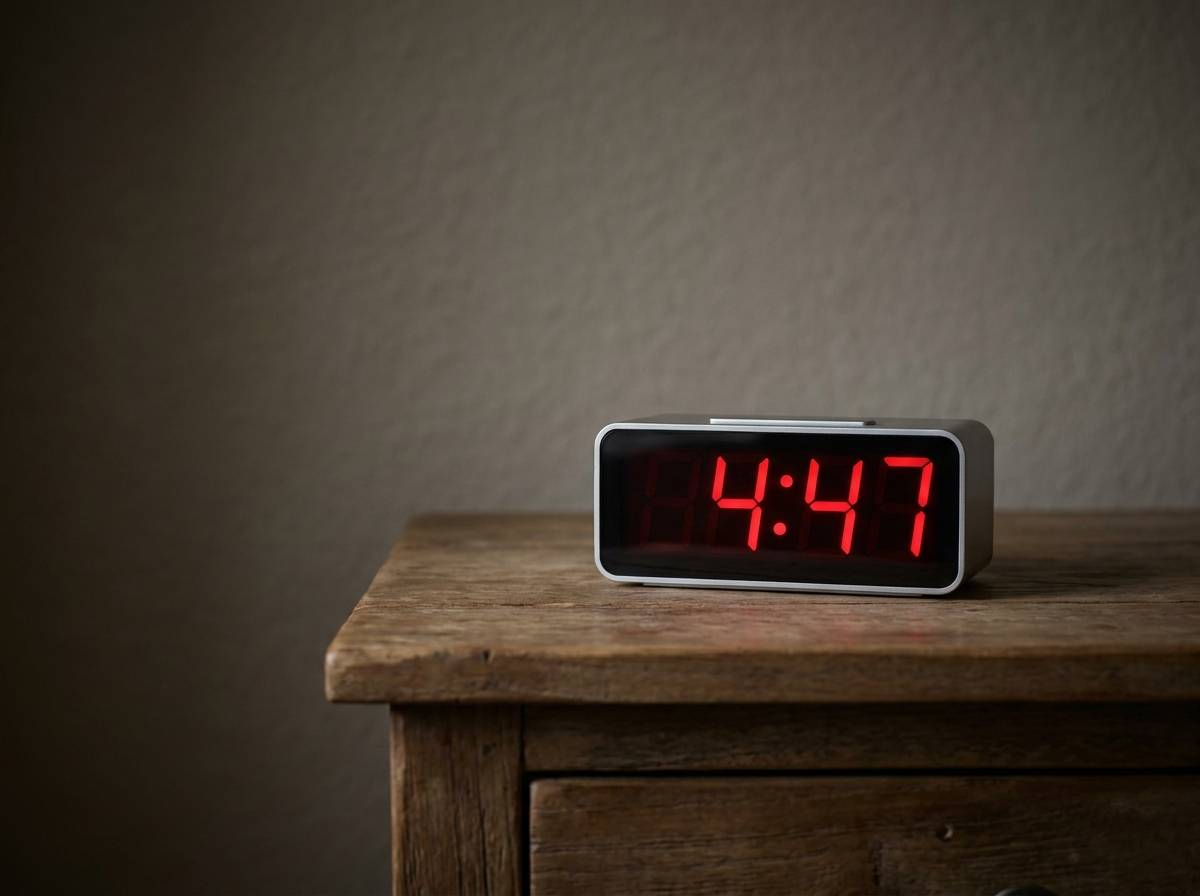 Cyfrowy zegar wskazujący godzinę 4:47 na nocnym stoliku w przyciemnionym pokoju
