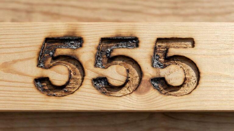 Liczby 555 wypalone w drewnianej desce, symbol sekwencji cyfr z numerologii aniołów