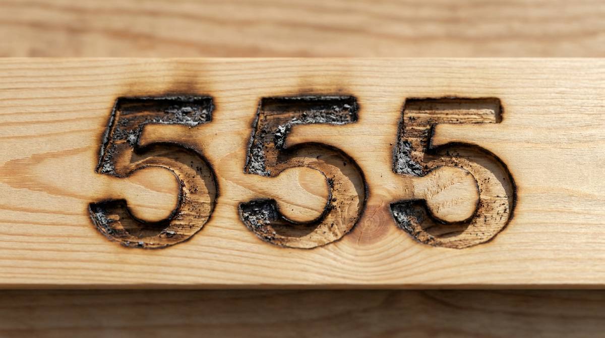 Liczby 555 wypalone w drewnianej desce, symbol sekwencji cyfr z numerologii aniołów