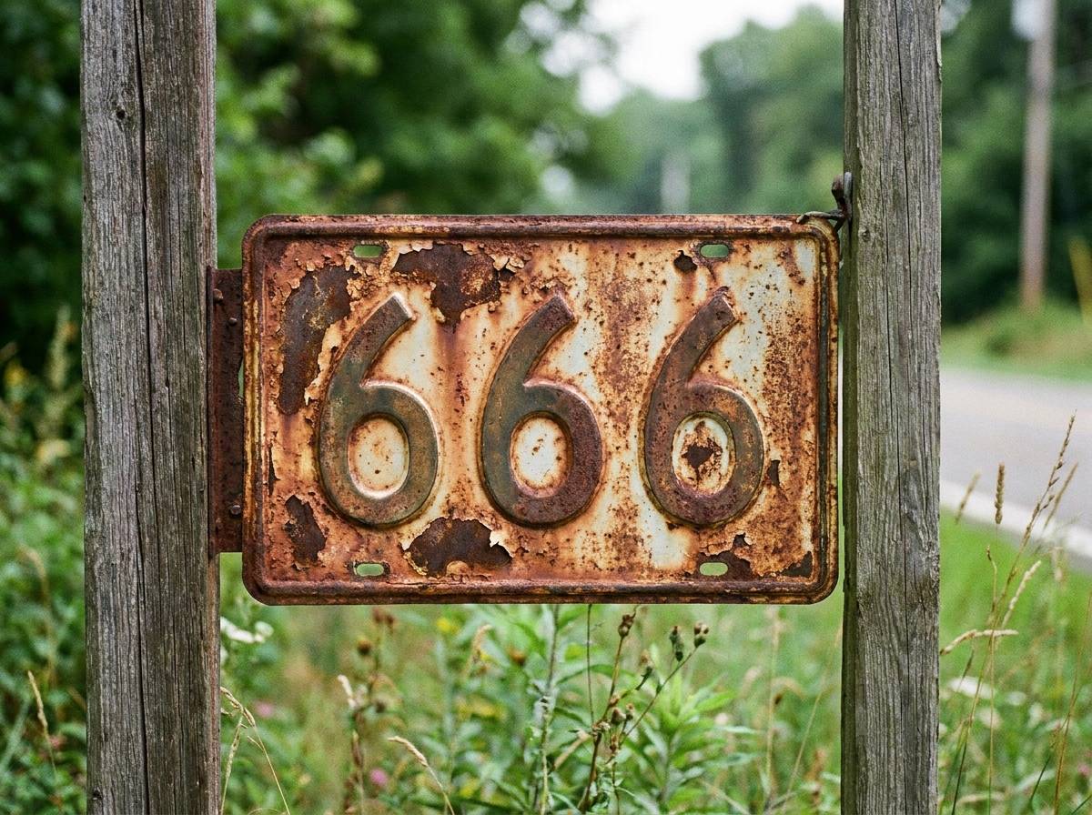 Zardzewiała tabliczka drogowa z wytłoczonym numerem 666, ilustrująca obecność liczby 666 w oznaczeniach drogowych
