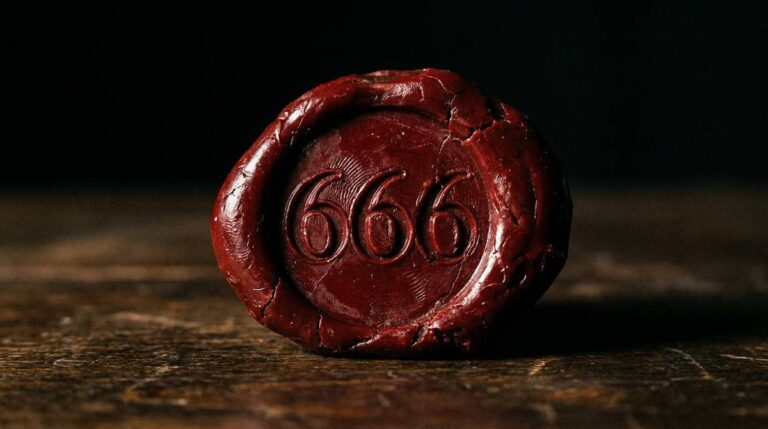 Cyfry 666 odciśnięte w ciemnoczerwonym wosku pieczętnym, symbol liczby 666 znanej z Apokalipsy i kultury popularnej