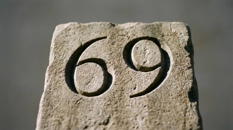 Cyfry 69 wykute dłutem w kamiennej płycie, oświetlone bocznym naturalnym światłem