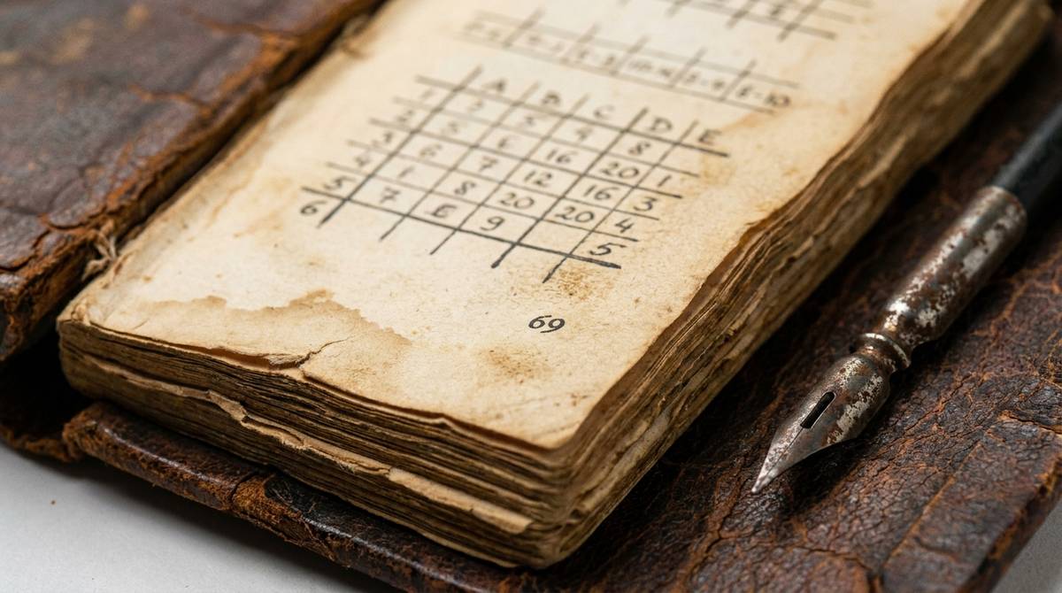 Otwarta stara księga numerologiczna z odręcznym pismem i piórem, nawiązująca do tradycyjnego odczytu liczby 69