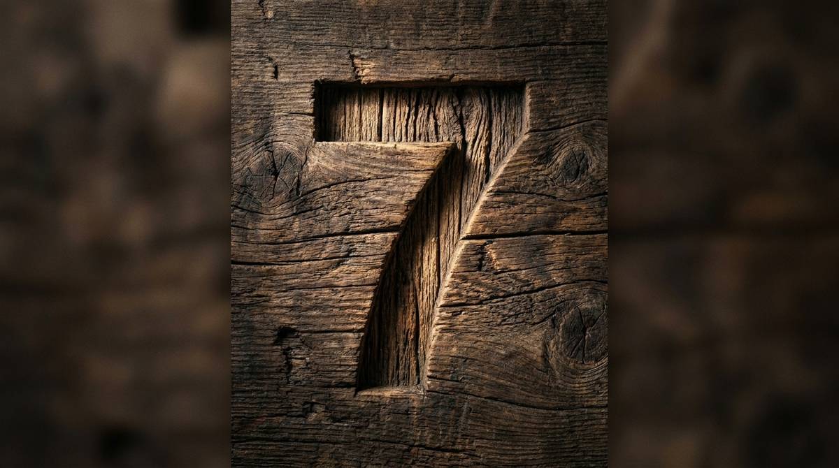 Cyfra 7 wyryta w drewnianej powierzchni, symboliczny zapis liczby 7