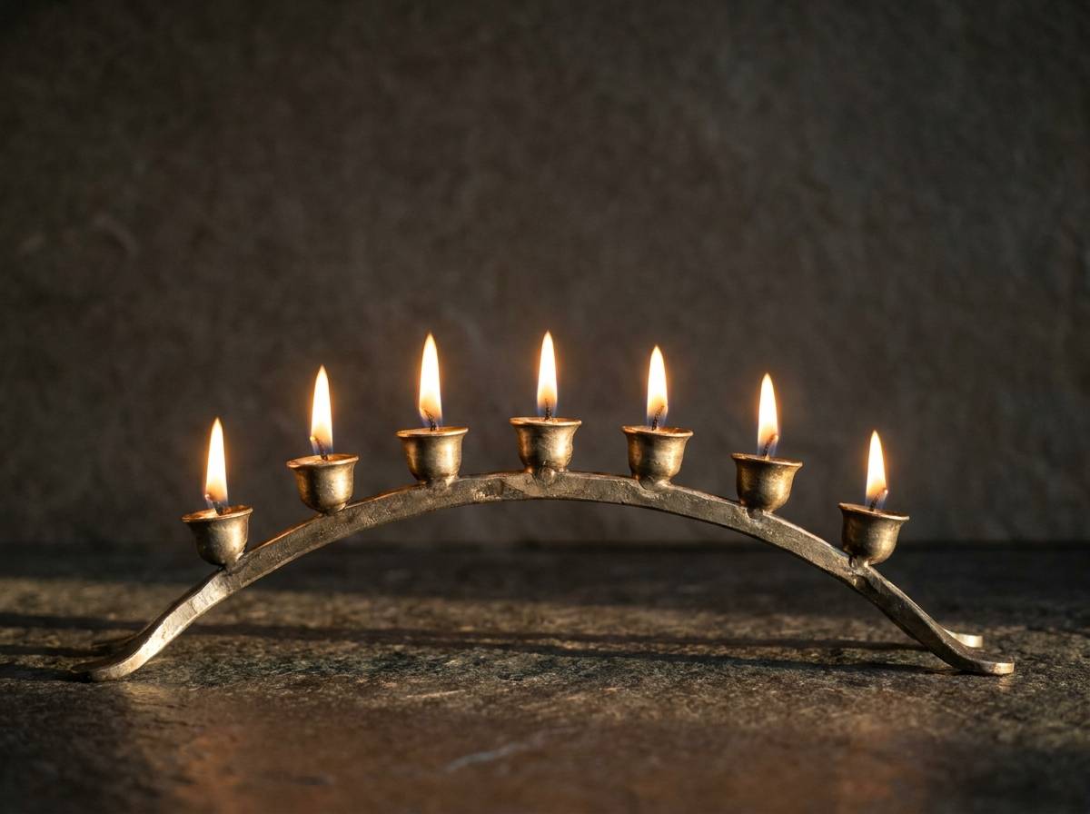 Siedem płomieni oliwnych na rozchodzącym się w łuk świeczniku, symbol liczby 7 w tradycji judaizmu