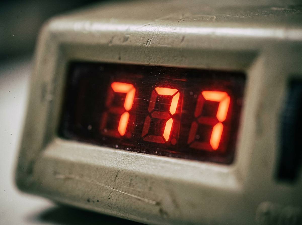 Czerwony wyświetlacz elektroniczny pokazujący ciąg 777, ilustrujący częste zauważanie tej liczby