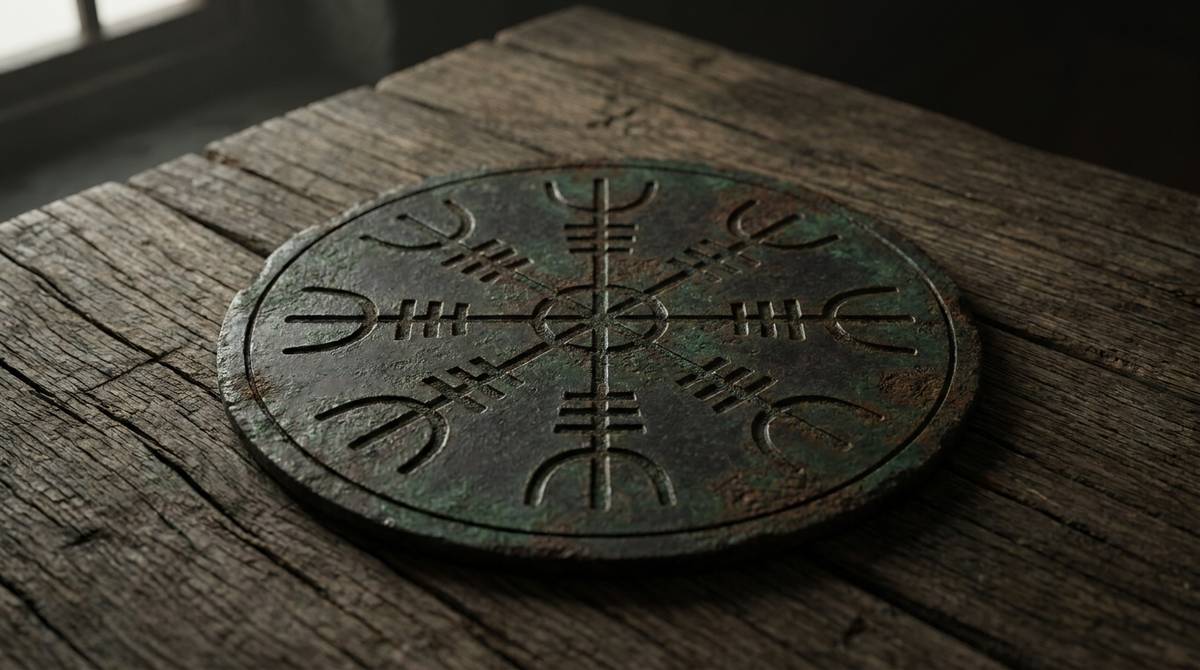 Ośmioramienny symbol Aegishjalmur wyryty w metalu, ułożony promieniście wokół centralnego punktu.