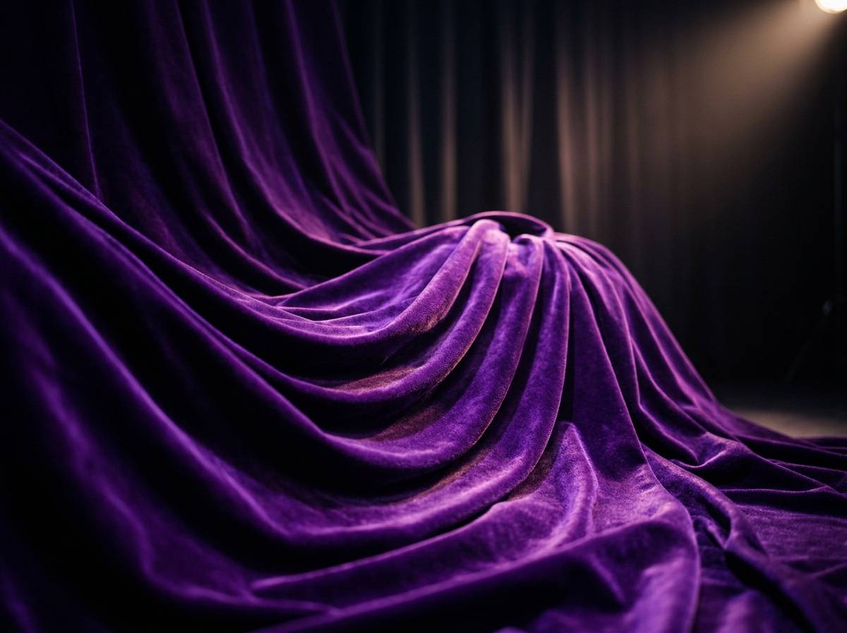 Aksamitna fioletowa tkanina w scenicznym świetle nawiązująca do koloru fioletowego w kulturze popularnej