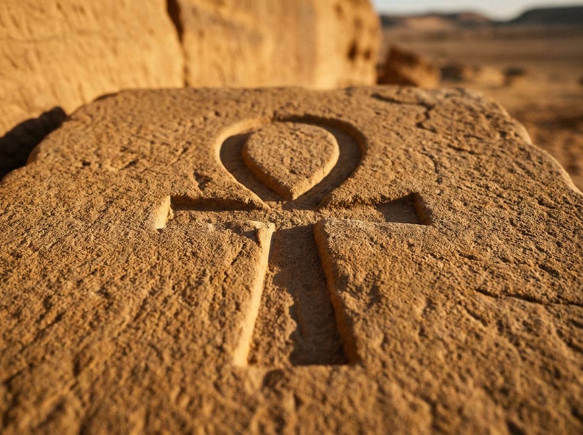 Pętla nad krzyżową podstawą wyryta w piaskowcu, ankh jako egipski symbol życia i zdrowia.