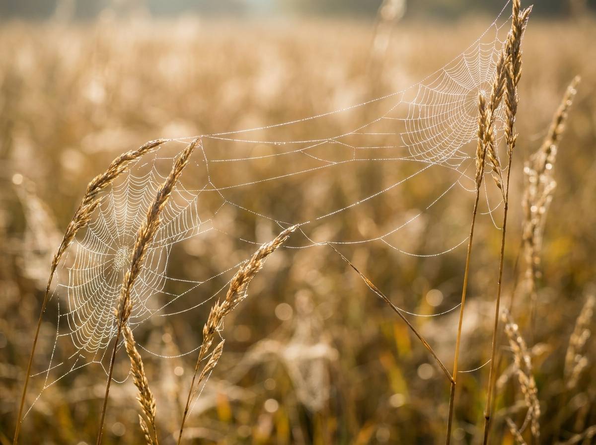 Srebrzyste nici babiego lata rozpięte między suchymi trawami w blasku jesiennego słońca.