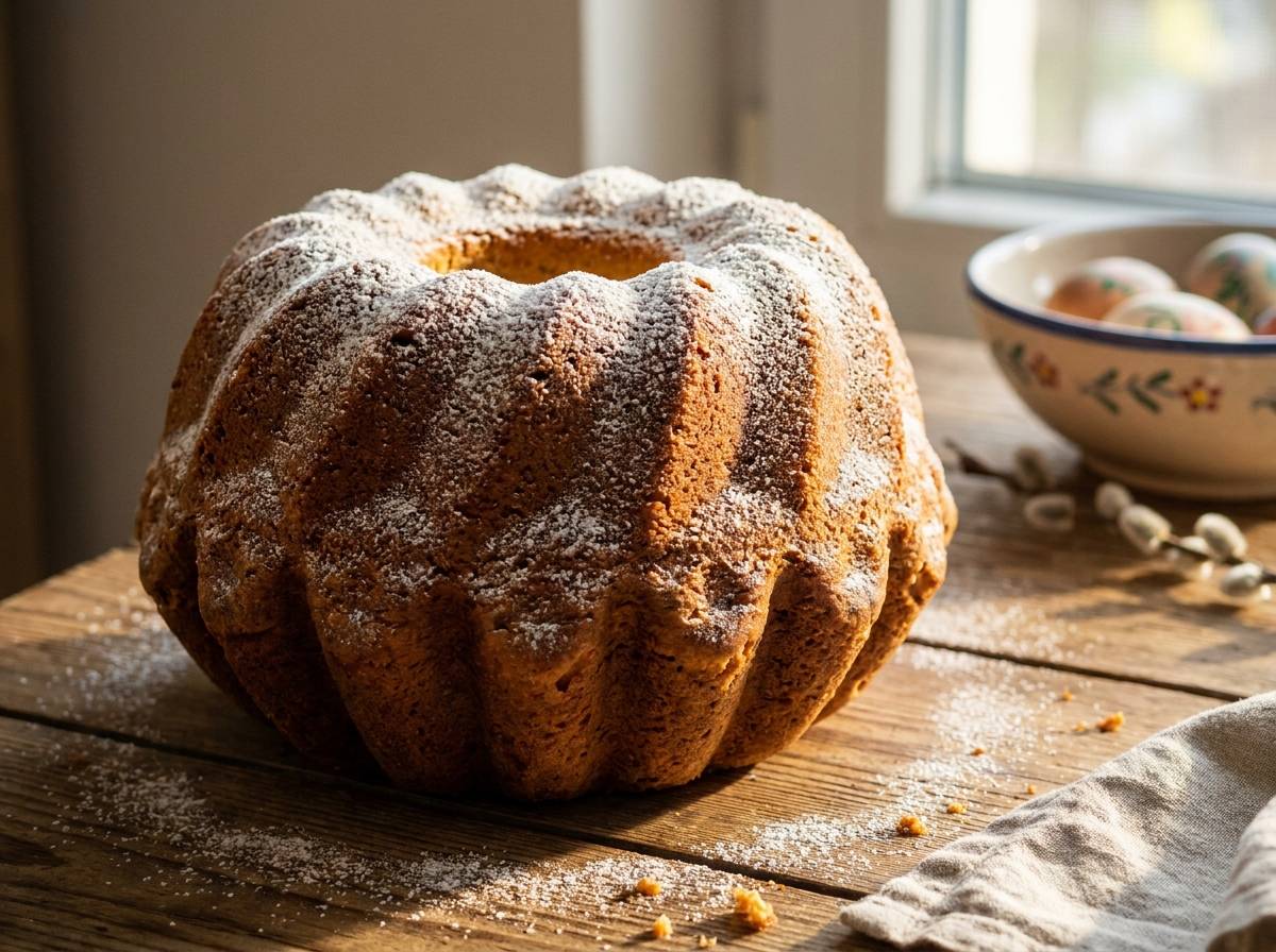 Wysoka babka wielkanocna posypana cukrem pudrem na drewnianym blacie