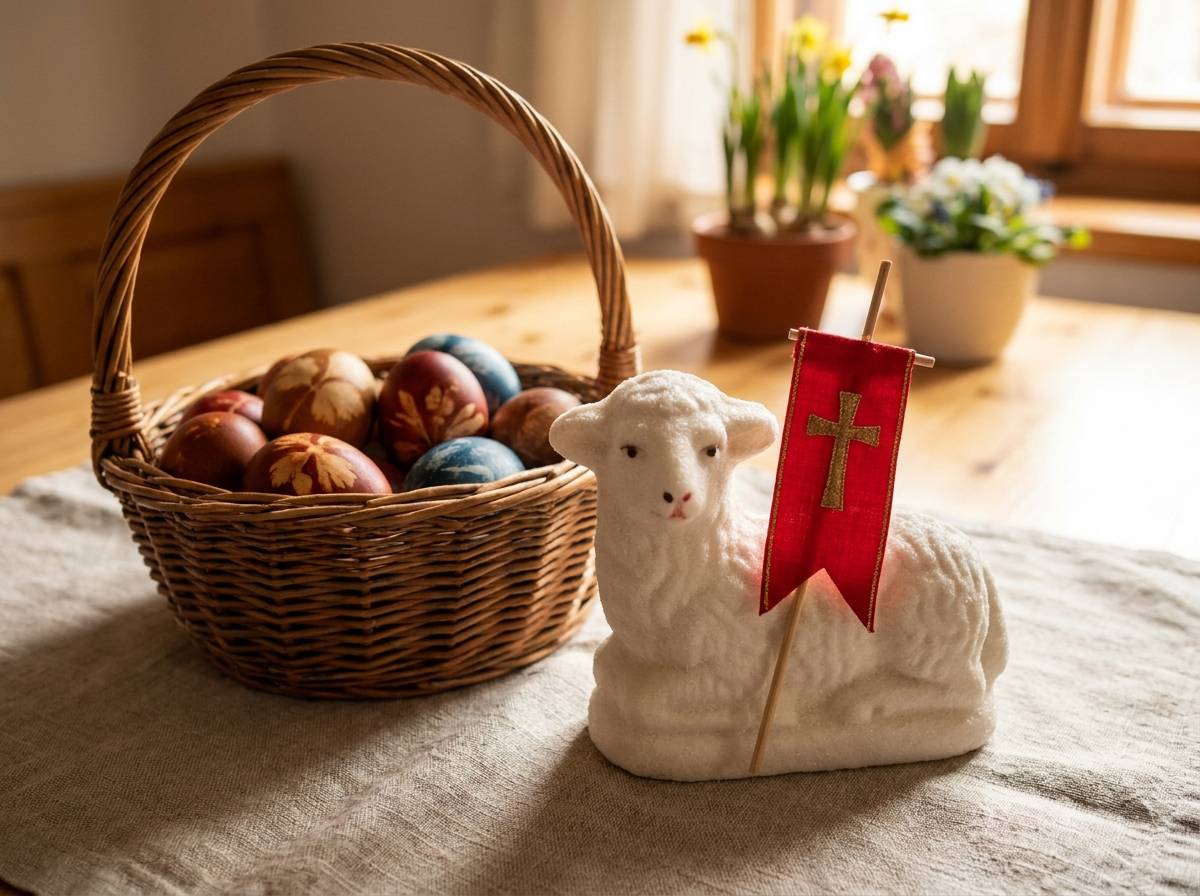 Cukrowa figurka baranka wielkanocnego z chorągiewką stojąca na świątecznym stole obok pisanek.