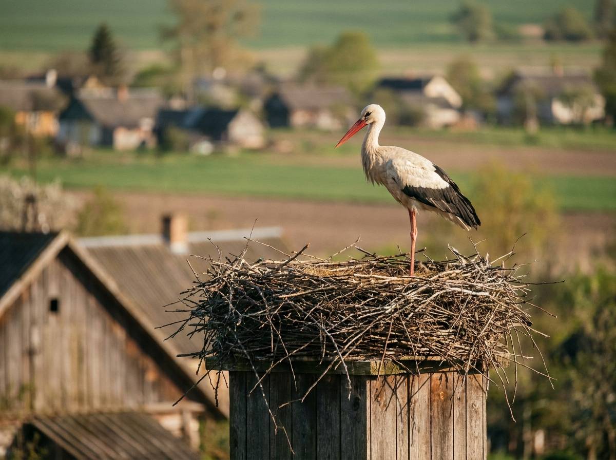 Bocian przy gnieździe na kominie, symbol wiosny i płodności w Europie Środkowej