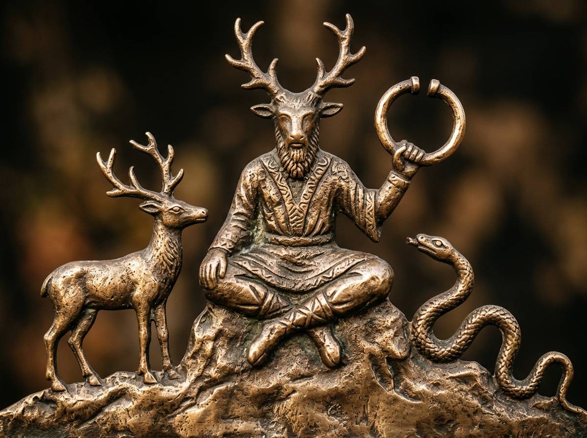 Wytłaczana metaloplastyka z siedzącą postacią rogatego bóstwa trzymającą naszyjnik, nawiązująca do wizerunków Cernunnosa