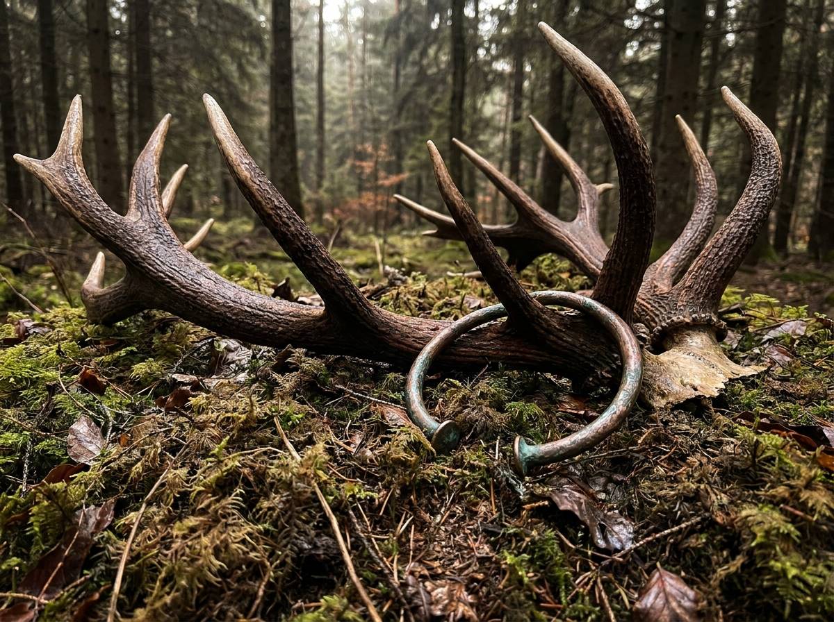 Poroże jelenia i metalowy torque leżące na mchu - atrybuty przypisywane Cernunnosowi