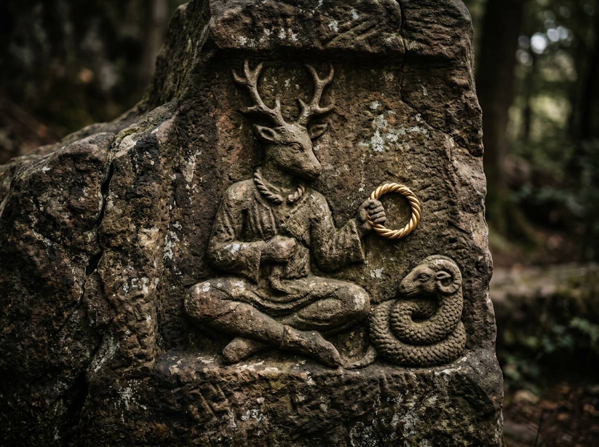 Kamienny relief rogatego bóstwa Cernunnos z porożem jelenia, torques w dłoni i wężem o rogach barana