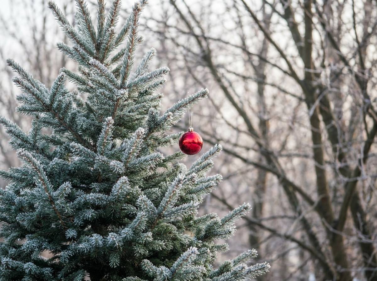 Gałęzie zielonej choinki z czerwoną bombką na tle bezlistnych drzew, symbol życia trwającego zimą